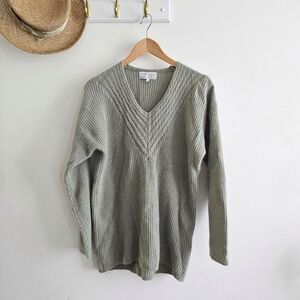 Compliments Lambswool Angora Blend Sweater Sage Green V-Neck Cable Knit Size L